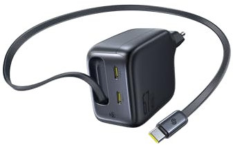 Baseus Enercore USB C Ladegerät 67W mit ausziehbaren Kabel, 65W GaN Netzteil mit 2X USB C, kompaktes Schnellladegerät kompatibel mit MacBook Pro, Dell, HP, iPad, iPhone 17/16/15/14, Galaxy S25