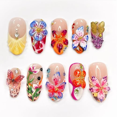Viugex 24 Stück Press on Nails Mandel Mittel, Handgefertigte Nägel zum Aufkleben Natürlich Kunstnägel Fake Nails mit Farbige Blumen Schmetterlings, Acryl Full Cover Künstliche Fingernägel für Frauen