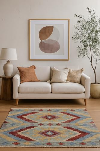 HAMID - Tappeto Kilim Herat, Tappeto Kilim, Kilim Tappeti, 100% Lana, Tessuta a Mano, Tappeti Etnico per Soggiorno, Camera da Letto, Sala da Pranzo, (90x59cm)