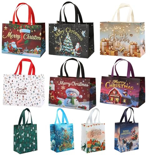10 Stück Geschenktüten Weihnachten Groß, Non Woven Weihnachtstaschen Weihnachtstüten mit Griffen, Wiederverwendbare Weihnachtsgeschenktüten, Weihnachts Geschenktüten