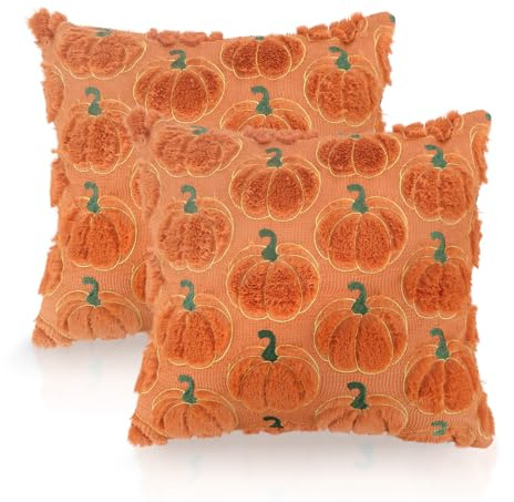 GADITIEK 2 PCS Autumn Cushion Covers 45 x 45 cm Decorative Pumpkin Pillow Cover Halloween Plush Pillow Case Autumn Decor Throw Cushion Case for Sofa Bedroom Living Room Home Decor (Gold-Edged Pumpkin)