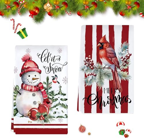 CUVZORA 2 Stück Weihnachtsdeko Innen Geschirrtücher, Geschirrtuch Weihnachten 40 x 60 cm, Weihnachtsdeko Tischdeko, Küchentücher für Weihnachten Winter Deko(Schneemann)