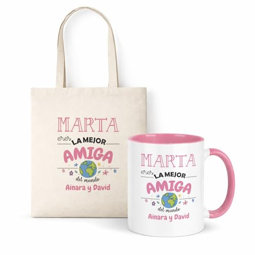 Kembilove® Taza regalo amiga personalizada con nombre | Pack taza y bolsa “Eres la mejor amiga del mundo” | Detalle original cumpleaños, navidad y día de la amistad
