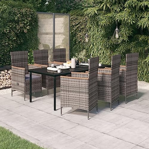 QJBSAVVA 7-TLG. Garten-Essgruppe 200 x 100 cm mit Verstellbarer Rückenlehne, PE-Rattan in Grau, platzsparendes Balkon-Set, robuste Sitzgruppe für Balkon, Terrasse und Camping