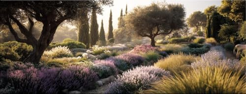 artissimo Bild aus Glas 80x30 cm Mediterraner Garten AG5743A – Landschaft Wandbild Natur Panorama Glasbild Querformat salbei-grün lila