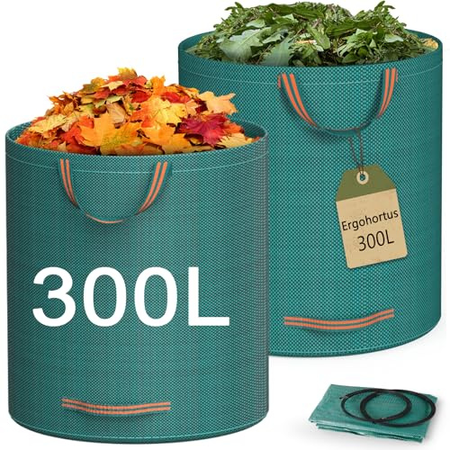 Ergohortus Gartenabfallsäcke Heavy Duty, 300 L x 2 Gartensäcke mit Griffen | Gartenabfallsäcke aus Industrietauglichem Stoff für Laub, Müll, Abfälle, Gartenabfälle, Wasserdicht and Wiederverwendbare