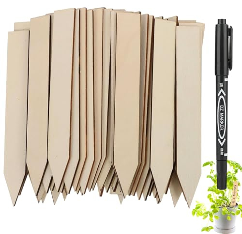 Weilin 50 Pcs Wooden Plant Labels, Plant Markers & Labels Wood for Garden, 14.8X 2 cm Garden Name Tags for Outdoor Plants Potted Herbs Flowers Vegetables（1 Marker Pen Included）
