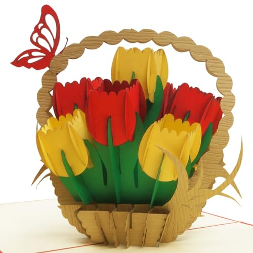 LINPopUp® Pop-Up Karte Blume - Tulpen, Pop Up Karten Geburtstag, Pop Up Geburtstagskarte, Grußkarte Geburtstag, 3D Karte Blumen, Muttertag, Viel Glück, Gute Besserung, Tulpen, N322