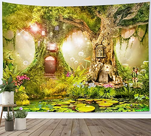 HVEST Fairy Tale Forest Tapestry Wall Hanging Water Lily Pond Magic Trees Houses in Dreamland Tapestrise for Kids Girls Bedroom Living Room Dorm Decor Birthday Party Backdrop,60Wx40H inches
