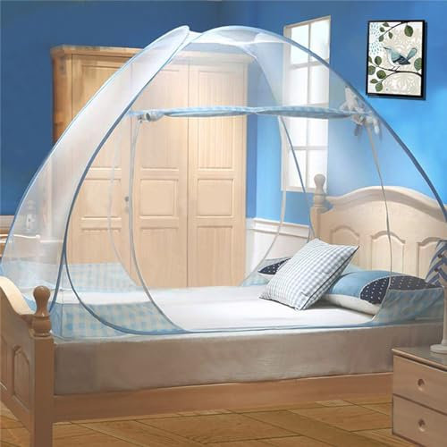 Digead Zanzariera a Cupola per Letto, Zanzariera da Letto Matrimoniale 120x200cm con Doppia Porta - Pieghevole, Leggera e Traspirante in Poliestere Misto, Facile da Installare (Bordo Blu)