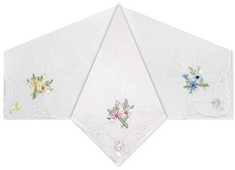 Damen-Taschentücher, Blumenstickerei mit Jakobsmuschel und Spitzenecken, 100 % Baumwolle, 29 x 29 cm, Weiß, 3 Stück, weiß, One size