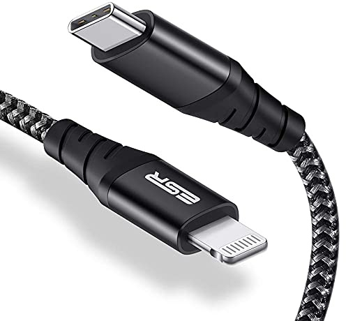 ESR Câble USB C vers Lightning, 20cm en Nylon, Certifié de MFi, Charge Rapide Compatible avec iPhone 14/14 Plus/14 Pro/14 Pro Max et Series 13/12/11/SE/XR/XS/X/8, iPad 8/7, Noir