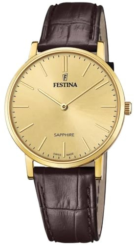 Festina Swiss Made Reloj Hombre Analógico de Cuero Marrón - Movimiento de Cuarzo - Cristal Zafiro de Alta Resistencia - Resistente al Agua 5 ATM Elegante F20016/2 Classic Leather