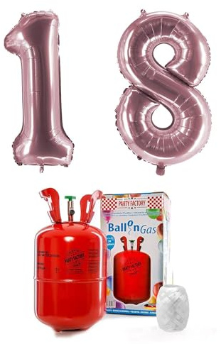 PARTY FACTORY Helium Set 18 mit XXL Zahlenballons, Ballongas und Ballonschnur - für Geburtstag, Jubiläum, Jahrestag; Gold, Silber, Schwarz, Pink, Rosa, Rosagold, Bunt (Rosé)