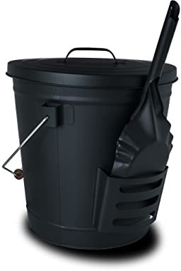 Supremery Secchio per cenere con coperchio e pala, in acciaio, con manico, 19 l, per cenere, camino e barbecue
