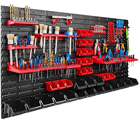 Lagersystem Werkstattregal | 156 x 78 cm | 32 stck. Box | Wandregal mit Werkzeughalterungen und Stapelboxen - Wandplatten Extra Starke Schüttenregal Warkzeuglochwand Lagerregal Garage Regal