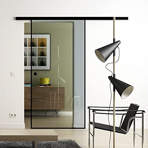 Rahmen-Glas-Schiebetür 775x2050 mm Klarglas Sadora® Slimline-System komplett Laufschiene in Schwarz und Muschelgriffen