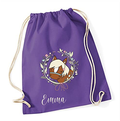 Personalisierter Turnbeutel für Mädchen mit Namen | Motiv Pferd und Blumen-Kranz | Stoffbeutel mit Kordel zum Zuziehen | Geschenk-Idee für Kinder