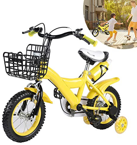 JAYEUW 12 Zoll Kinderfahrrad mit Stabilisatoren Kinderfahrrad Höhenverstellbar Doppelbremstechnik Tretrad Radfahren Fahrrad Cruiser Fahrrad für 3-6 Jahre alt (Gelb)