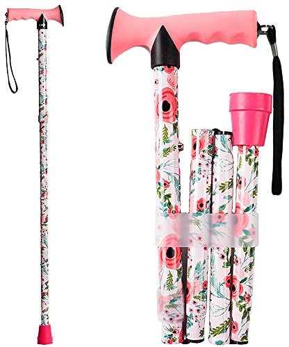 CLOKTA Walking Cane for Men and Women, Foldable Floral Lightweight Adjustable Portable for Folding Canes, Comfortable T-Handle for Seniors Adults (Pink Floral)