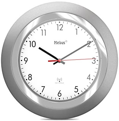 Mebus Funk-Wanduhr/klassisches Model/silberner Rahmen/weißes Zifferblatt / 24cm Durchmesser/Rund/Funkuhr (DCF77) / Modell: 19452 / Farbe: Silber, Weiß