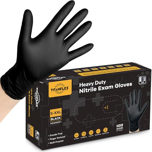TitanFlex Black Nitrile Gloves Heavy Duty 6-mil, 100 Count Medical Grade Disposable Gloves Latex Free & Powder Free Finger Texture Non-Slip for Tattoo, Cooking, Food Prep, Cleaning (Large)