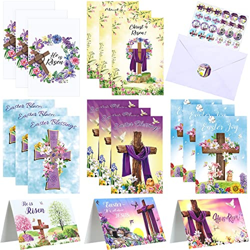 Blulu 48 Sets Religious Easter Cards Bulk with Envelopes & Stickers He Is Risen Christian Cross Greeting Cards with Inspiring Bible Jesus for Catholics Easter Spring Party Favors 6 x 8''