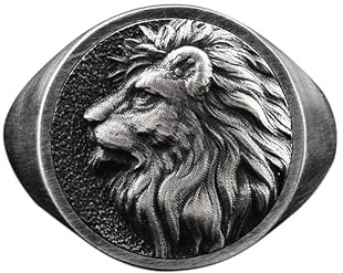BySilverStone - Handgefertigter Löwe-Siegelring Mit Relief, Sterling-Silber-Löwen-Relief-Ring Für Den Kleinen Finger, Silberner Löwenkopf-Schmuck, Löwe-Sternzeichen-Ring, Tier-Silberring