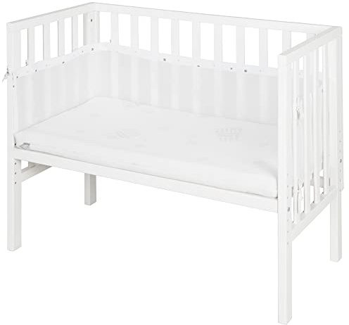 roba Beistellbett safe asleep® 2 in 1-45 x 90 cm - Höhenverstellbar - Komplettes Anstellbett mit Matratze + Canvas Barriere - Mesh Umrandung - Bett Set für Babys - Holz weiß