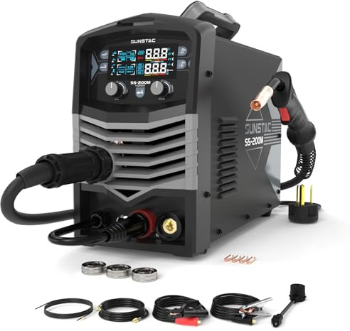 Sunstac MIG Welder, 200A 110V/220V MIG/Flux Core/Spool Gun/Lift TIG/Stick 5 in 1 Aluminum MIG Welding Machine, IGBT Inverter Synergic Control, Digital Screen Display, Over Loading Protection