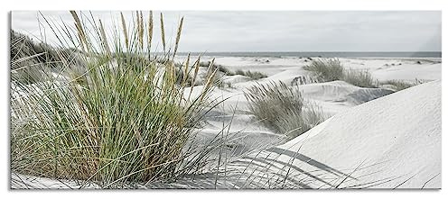 Pixxprint Glasbild Panorama, Wandbild aus Echtglas, Grasige Dünenlandschaft am Meer B&W Detail, 120x50 cm, inkl. Aufhängung und Abstandshalter