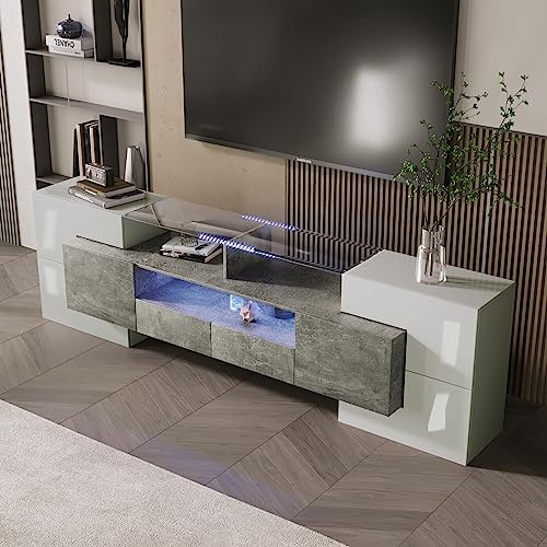 Azkoeesy Mobile TV 200 cm con LED e 2 Cassetti, Bianco Lucido e Grigio | Piano in vetro temperato, 6 Ante, Mobile TV basso per soggiorno, 200x30x60,7 cm, Grande Capacità di Archiviazione