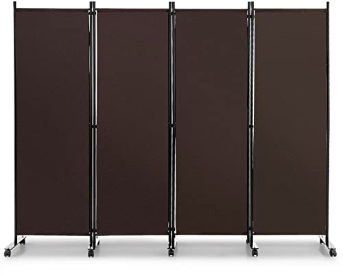 COSTWAY 225 x 173 cm Raumteiler auf Rollen, Paravent 4-teilig, Trennwand faltbar, aus Stoff, Sichtschutz für mehr Privatsphäre und Flexibilität (Braun)