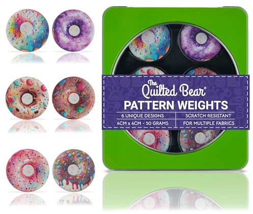 The Quilted Bear Fabric & Paper Pattern Weight Set, Donuts | 6 Unique Designs with Storage Box, Pin-Free Pattern Cutting, Fabric Safe, Scratch Resistant, 4cm, 50g, for Sewing & Quilting