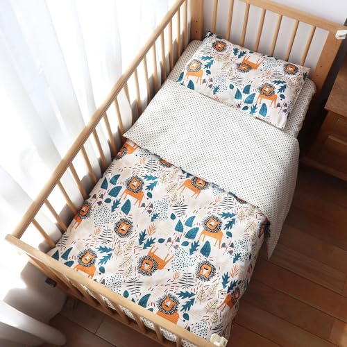Emenpy 100% Cotton Crib Bedding Set for Baby Boys Girls,3 Pcs Baby Bed Linen Include Duvet Cover,Fitted Sheet,Pillowcase,Nursery Decoration,No Filler (Beige)