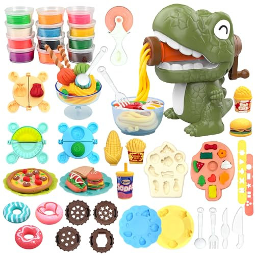 VBACALA Dinosaurier Knete Set 42-teilig mit Kitchen Creations Nudelmaschine,5 Dino Eierformen,12 Farben Knetmasse und Knetwerkzeug,Kreatives Spielzeug Geschenk für Kinder ab 3 Jahre Jungen&Mädchen