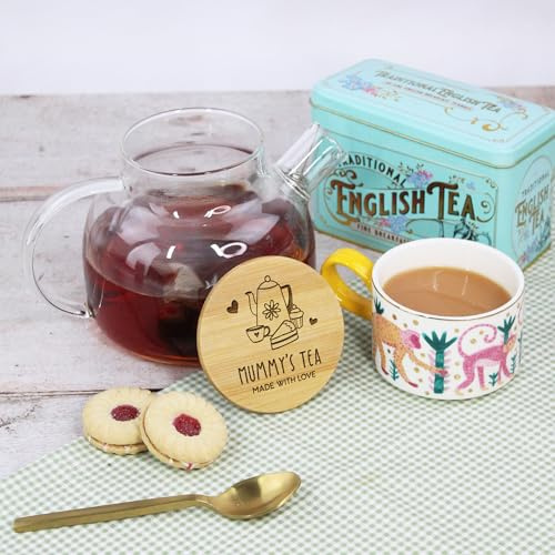 eBuyGB Personalised Borosilicate Glass Tea Pot with Wooden Lid & Strainer, Mummy’s Tea, Made with Love, Mum, Grandma Kitchen Gift, Tea Lover