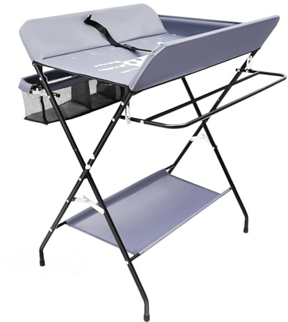 Wickeltisch Baby, Wickelkombi Klappbarer, Motiv Giraffe Wickelkommode mit Wickelauflage, Sicherheitsgurt und Ablagefächern, Hochwertige Oxford-Stoff, Belastbarkeit 25 kg (80 * 63 * 16, Grau)