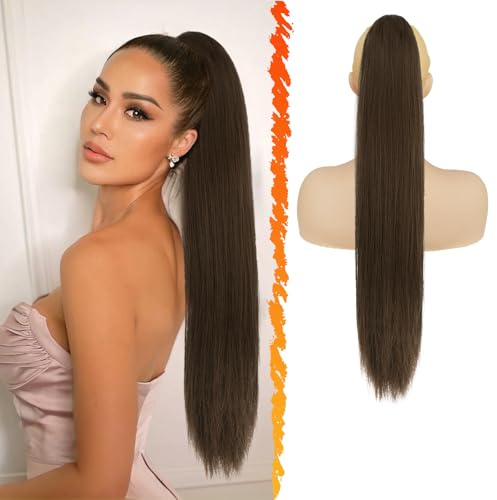 BARSDAR Pferdeschwanz Haarteil, 66cm Braun Pferdeschwanz Haarverlängerung mit Kordelzug Synthetik Clip in Ponytail Extension Haarteil Zopf Haarextension für Damen - Kastanie & Schokolade Braun