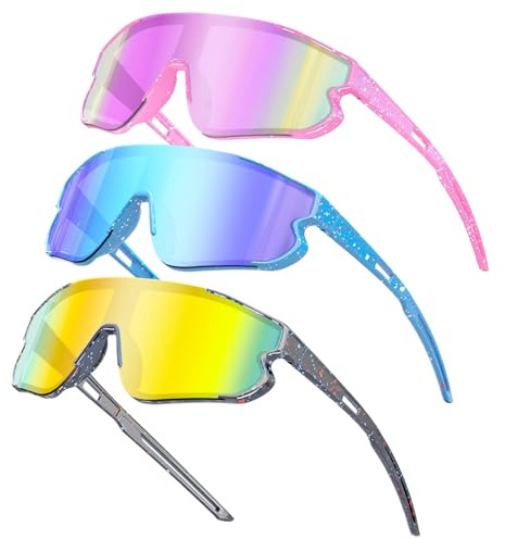 Wapreta 3PACK Kids Sunglasses Youth Baseball Sunglasses for 4-12 Boys Girls Cycling Softball Running UV400 Sports Goggles (Pink Frame + Blue Frame + Black Frame)