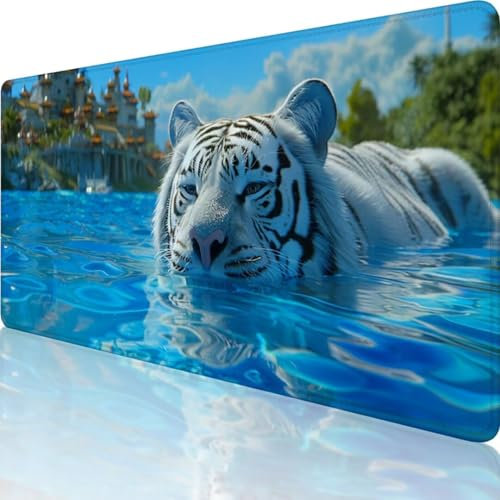 Blau Mauspad XXL 600x300 mm, Erweiterte Groß Mousepad Tiger, Wasserfest Schreibtischunterlage Vernähte Kanten Design, Mouse Pad mit rutschfeste Gummibasis für Pc Büro Deko, Geschenke für Frauen r-C