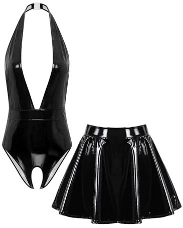 TiaoBug Dam Wetlook Body Ouvert Stringbody Neckholder Rygglös Topp Djup V-ringning Topp och Lack Läder Kjol Mini Faltskjorta Gogo Klubbklädsel, svart, M