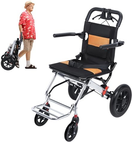 Sedia a rotelle portatile per il trasporto, sedia a rotelle pieghevole leggera, sedia a rotelle per porte strette, sedia a rotelle da viaggio con freno a mano, ruote ammortizzanti da 30,5 cm, carico