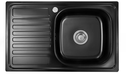 Omeere, Fregadero de cocina empotrable de acero inoxidable 304, grosor de material de 0,8 mm, fregadero de cocina cuadrado, 1 escurridor 80LX50BX18H (escurridor izquierdo-negro)