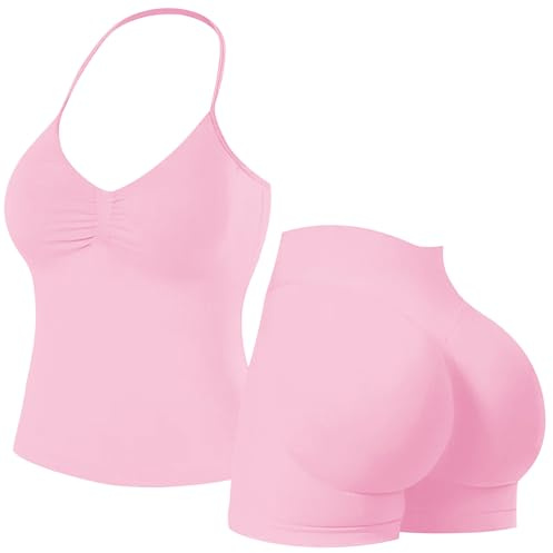 Set da palestra senza cuciture per le donne 2 pezzi Halter Crop Top reggiseni sportivi nascosti pantaloncini scrunch abiti da yoga tuta Activewear, rosa, M