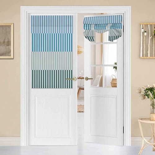FortuneHouse8 Door Curtains Ombre Blue Striped Texture Window Curtains for Patio French Door Abstract Lines French Door Privacy Thermal Sidelight Curtain Tie Up Shade 26 x 42 Inches