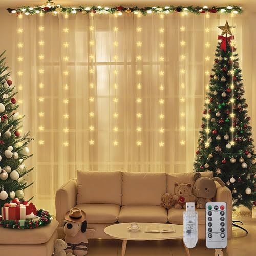 SALCAR LED Lichtervorhang Sterne, 50er Stern LED Lichterkette innen mit 8 Modi Fernbedienung, Dimmbar USB Weihnachtsbeleuchtung Fenster für Weihnachten Deko Party Hochzeit Balkon, Warmweiß