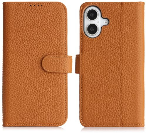 FDUJINH Cover per iPhone 16 PRO Max/16, Flip Portafoglio Custodia in Vera Pelle Lusso Supporto Chiusura Magnetica Antiurto Guscio,Ottone,16