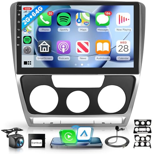 2G+64G Wireless Carplay Android Autoradio für VW Skoda Octavia 2007-2014 mit Wireless Android Auto GPS Navi WiFi 10.1 Zoll Autoradio 2 Din mit Mirror Link Bluetooth FM/RDS/EQ/USB/SWC Rückfahrkamera