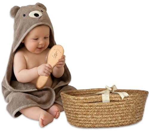 Little Dedi Geschenkset zur Geburt – 3-teiliges Set mit Kapuzenhandtuch, Teddy aus GOTS-zertifizierter Bio-Baumwolle, natürlicher Haarbürste und Aufbewahrungskorb, hergestellt